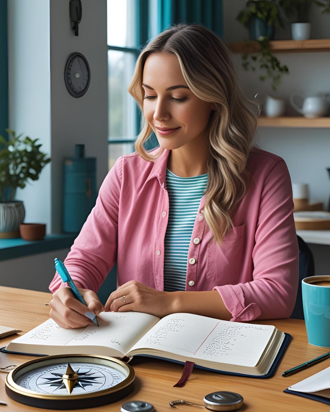 woman journaling at a desk with coffee
