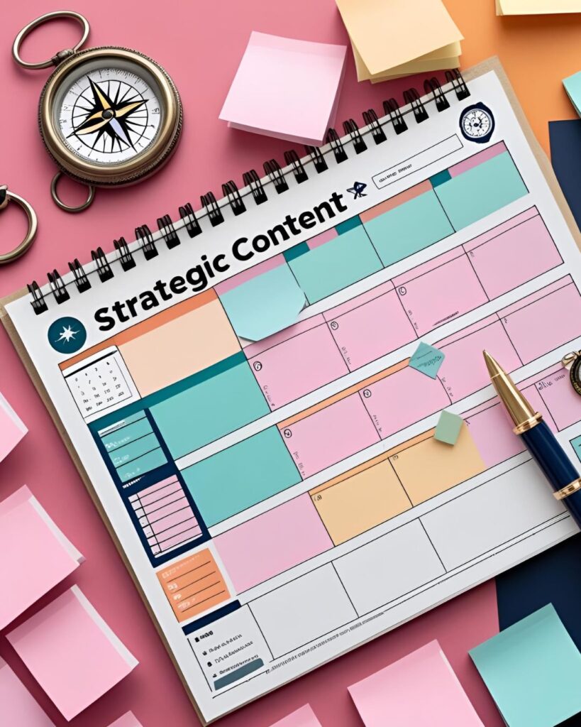 flatlay of a content calendar, sticky notes, and a pen with the words “strategic content” highlighted