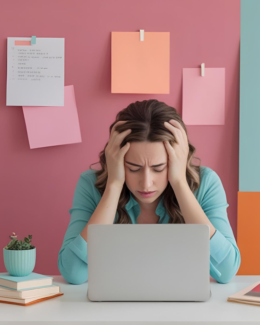woman sitting at laptop, head in hands, overwhelmed by content planning