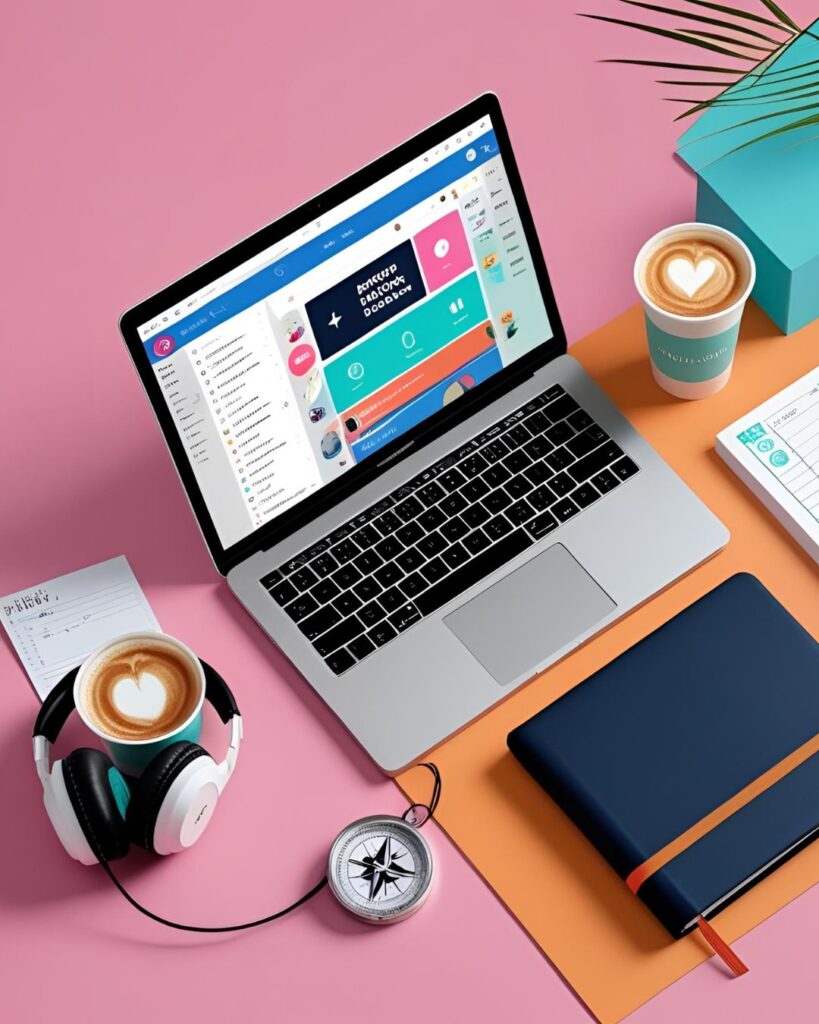 open laptop with podcast app, headphones, planner, and iced coffee nearby