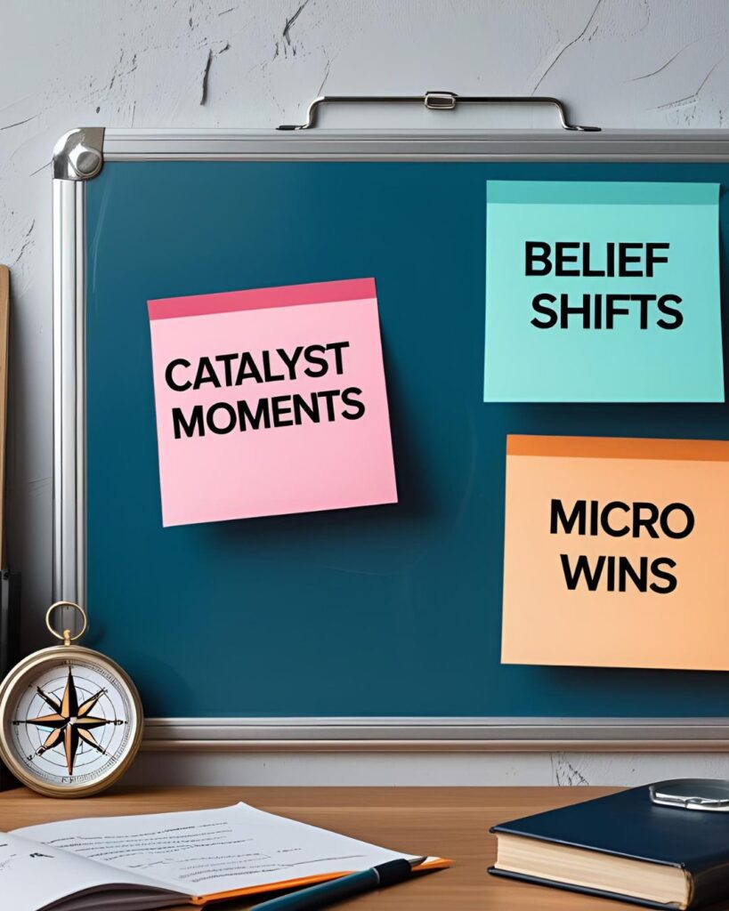 dry erase board with sticky notes showing “Catalyst moments”, “belief shifts”, “Micro wins”