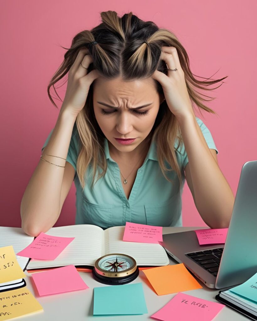 woman with her hands in her hair, looking stressed, a notebook and laptop open, sticky notes scattered everywhere