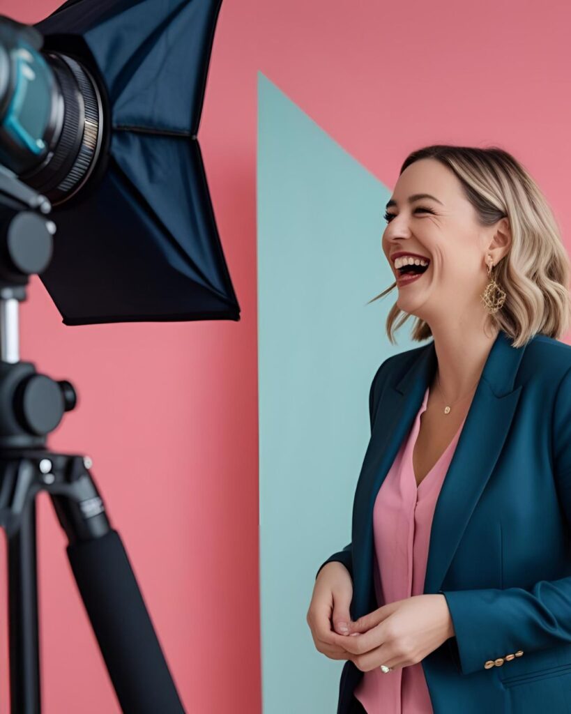 behind-the-scenes photo of a brand shoot—laughing with the photographer
