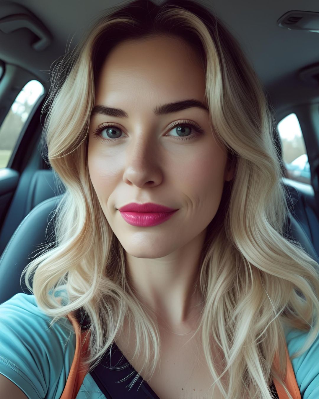 A poorly lit selfie photo of a women taken in her car