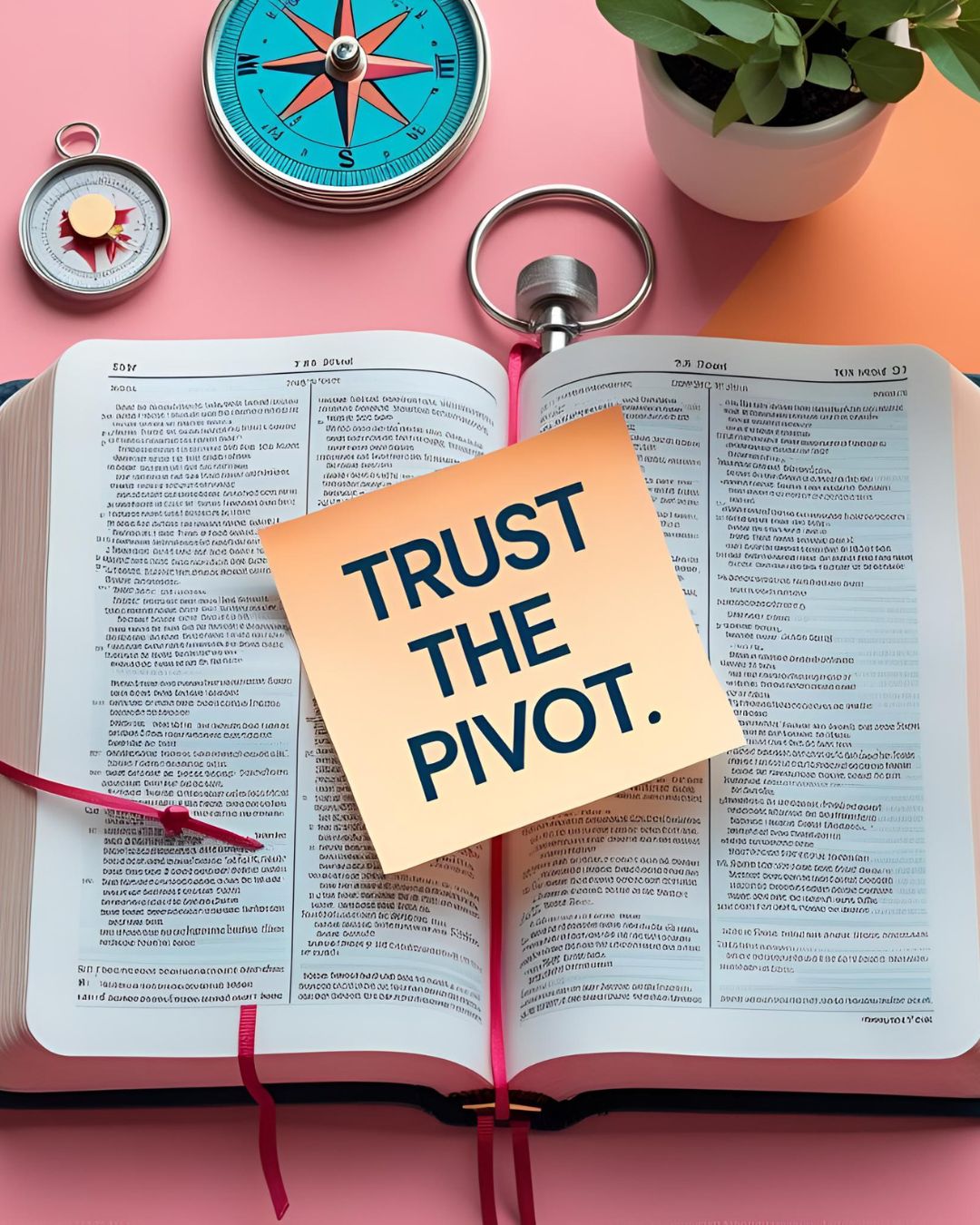 open Bible with a post-it that says "Trust the Pivot"