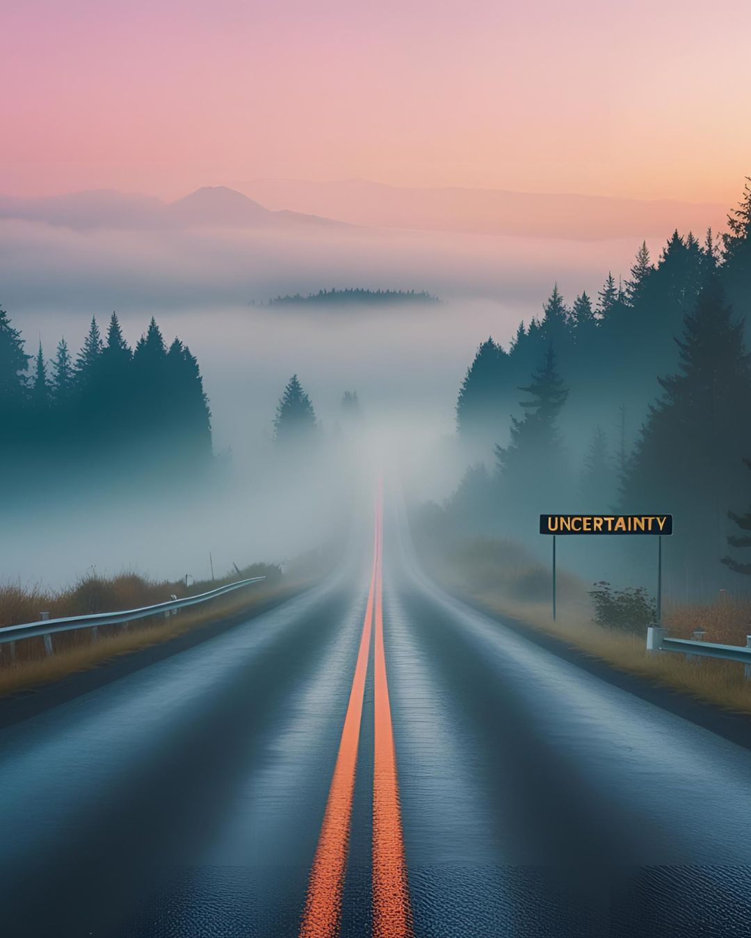 foggy road stretching into the distance with a sign that says “uncertainty”